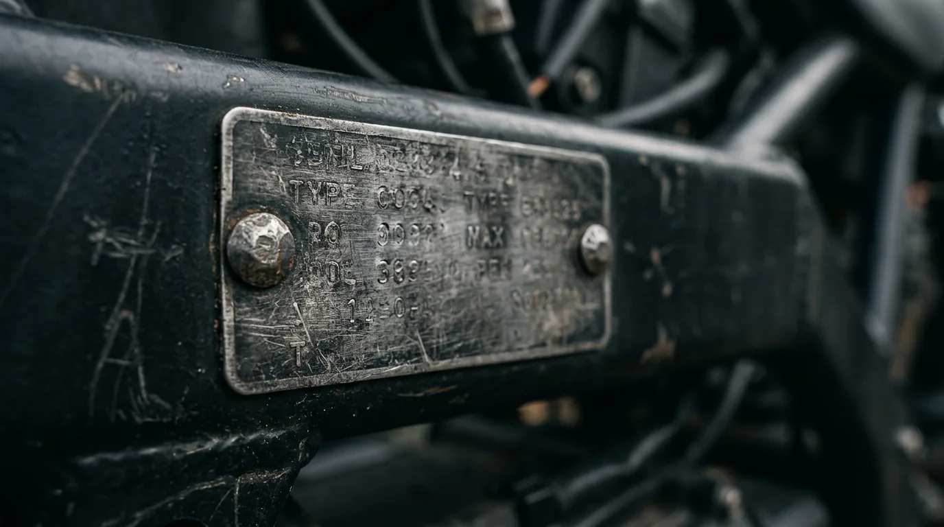 Detalhe da plaqueta de identificação rebitada no quadro de uma moto elétrica