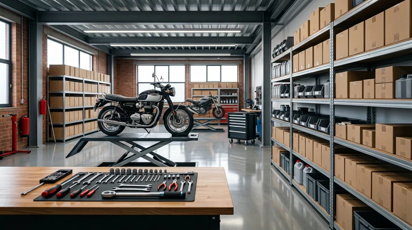 Interior organizado de um centro de assistência técnica de motos, com peças nas prateleiras