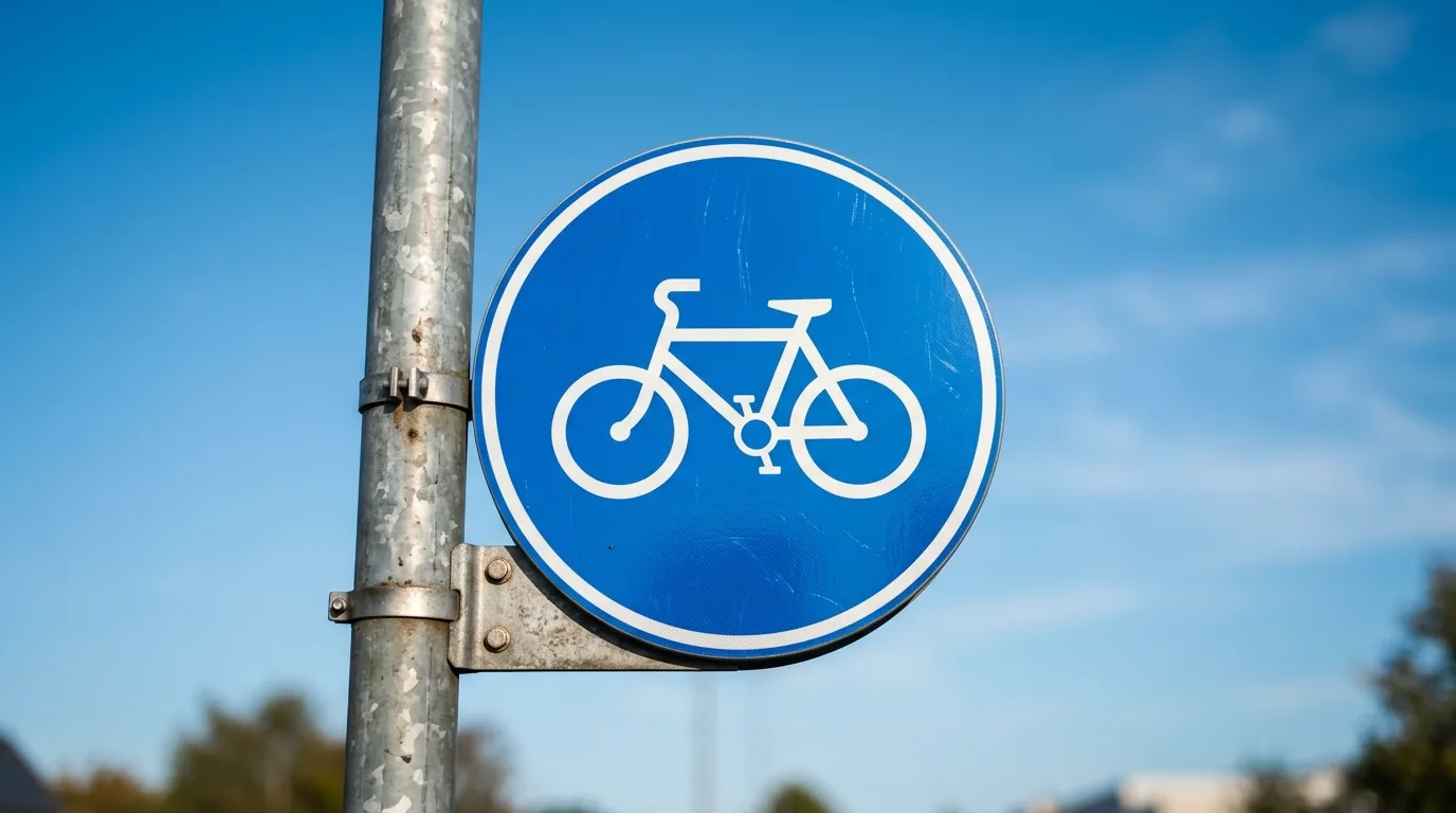 Placa azul de sinalização de ciclovia instalada em poste, vista de baixo