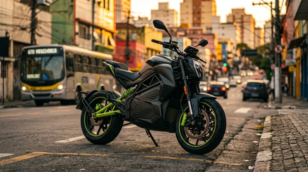 Moto elétrica com detalhes em verde estacionada em rua movimentada de cidade brasileira ao entardecer