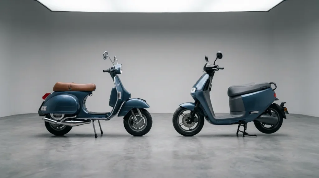 Duas scooters lado a lado, uma com escapamento e outra elétrica, em fundo neutro de estúdio
