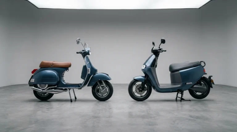Duas scooters lado a lado, uma com escapamento e outra elétrica, em fundo neutro de estúdio