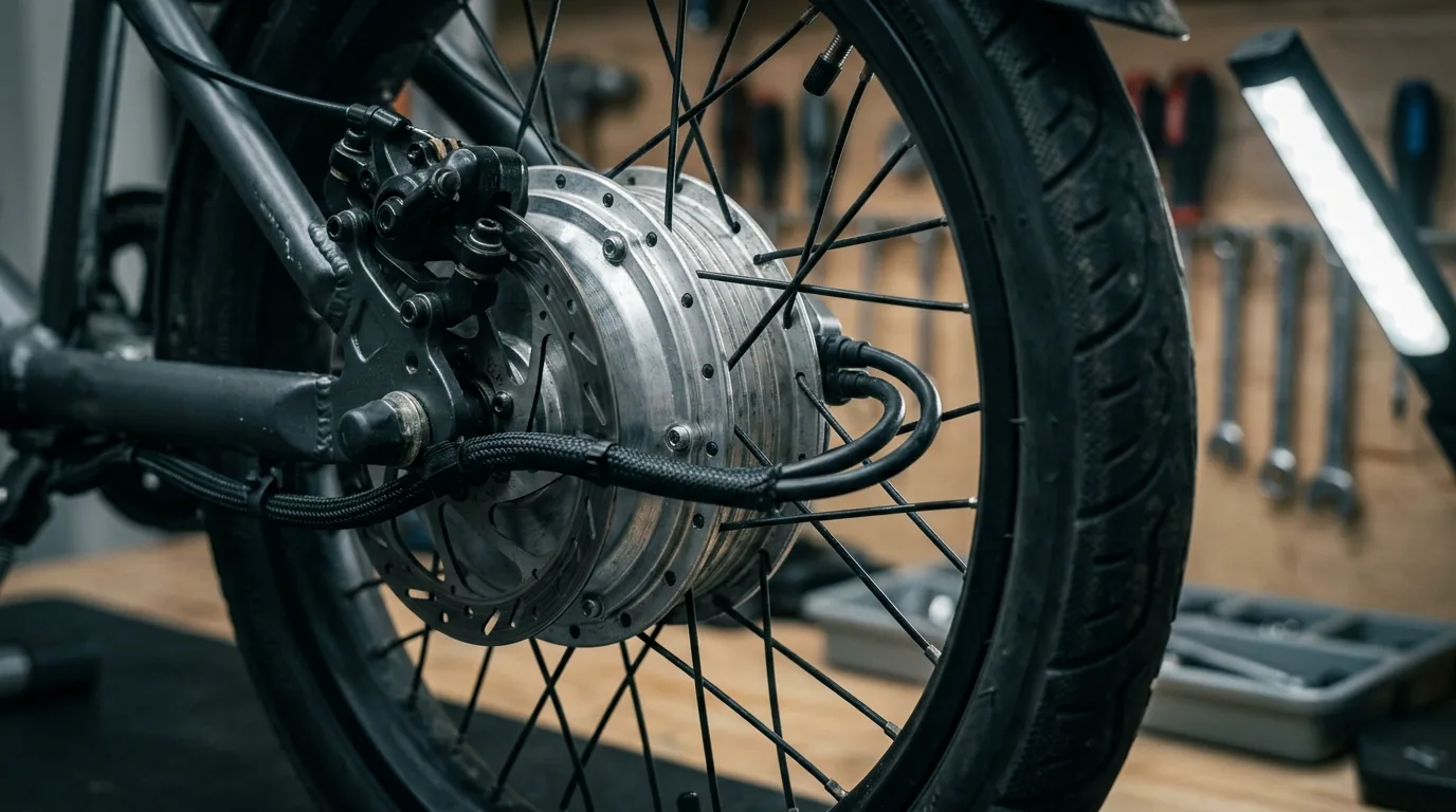 Detalhe do motor de cubo elétrico instalado na roda traseira de uma scooter