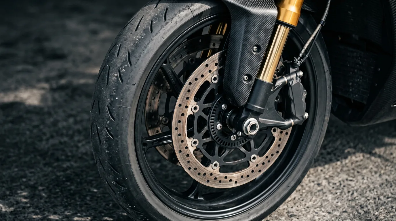 Detalhe dos discos duplos de freio dianteiro de uma moto elétrica esportiva