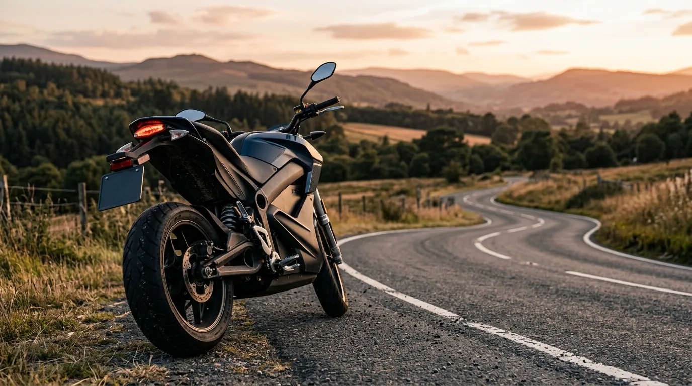Moto elétrica esportiva parada na beira de uma estrada sinuosa ao entardecer