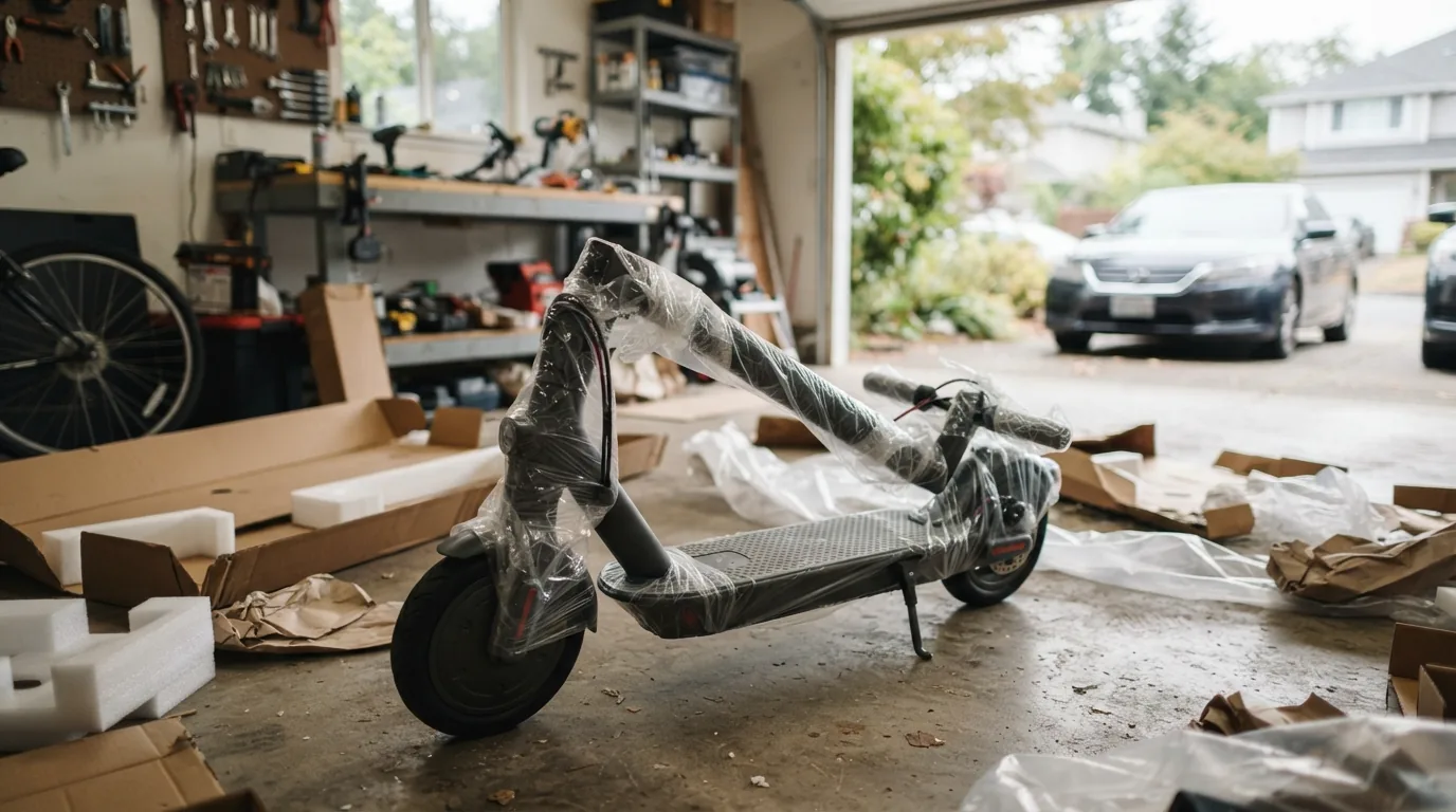 Scooter elétrica parcialmente desembalada, ainda envolta em plástico protetor
