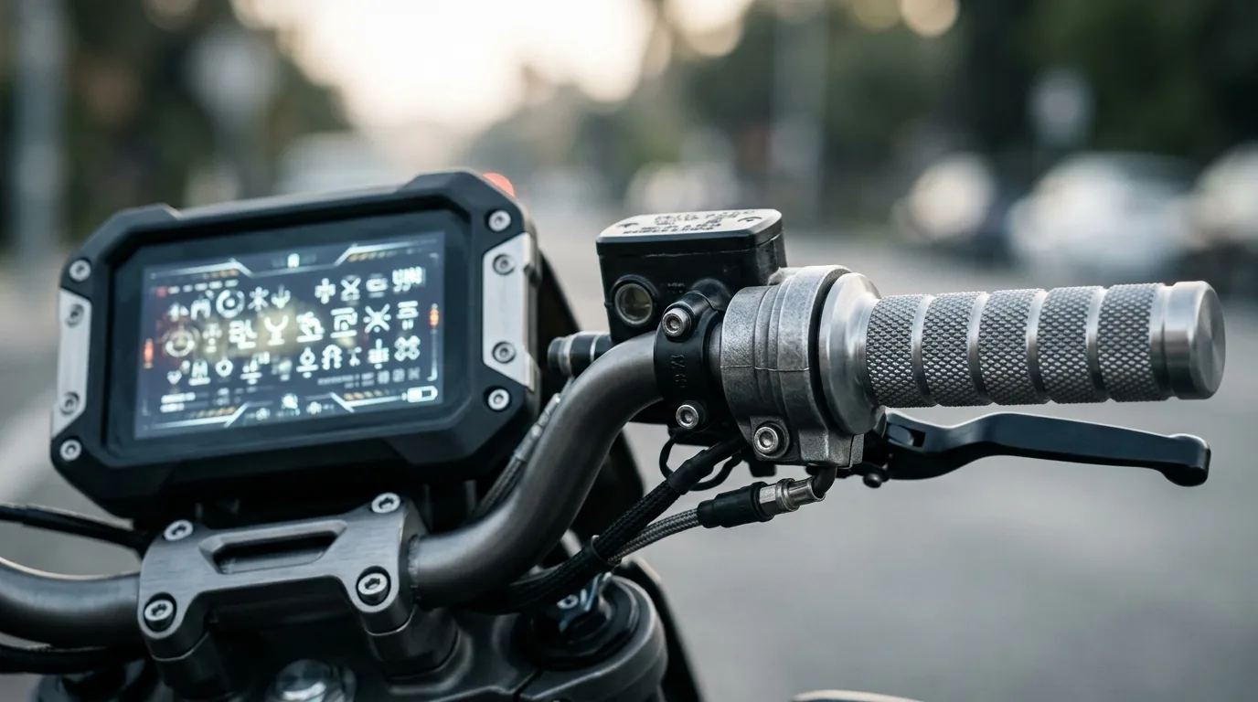Painel digital e punho acelerador de uma moto elétrica vistos de perto