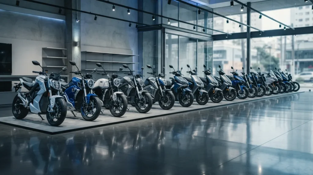 Fileira de motos e scooters elétricas em showroom de concessionária brasileira