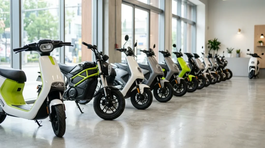 Fileira de scooters e motos elétricas expostas em uma loja de piso claro