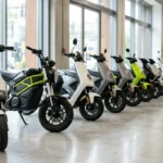 Fileira de scooters e motos elétricas expostas em uma loja de piso claro