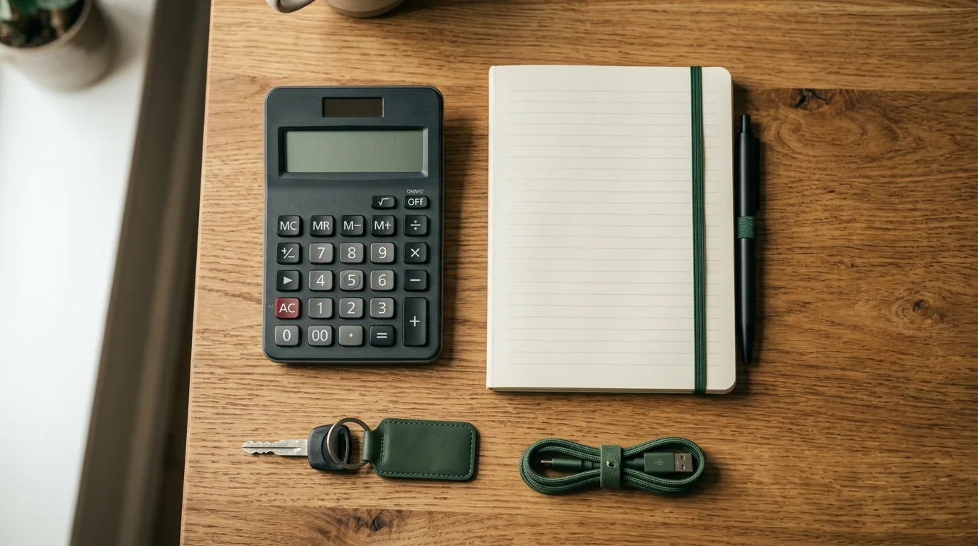 Calculadora, caderno e chave sobre mesa de madeira para calcular o custo de uma moto elétrica