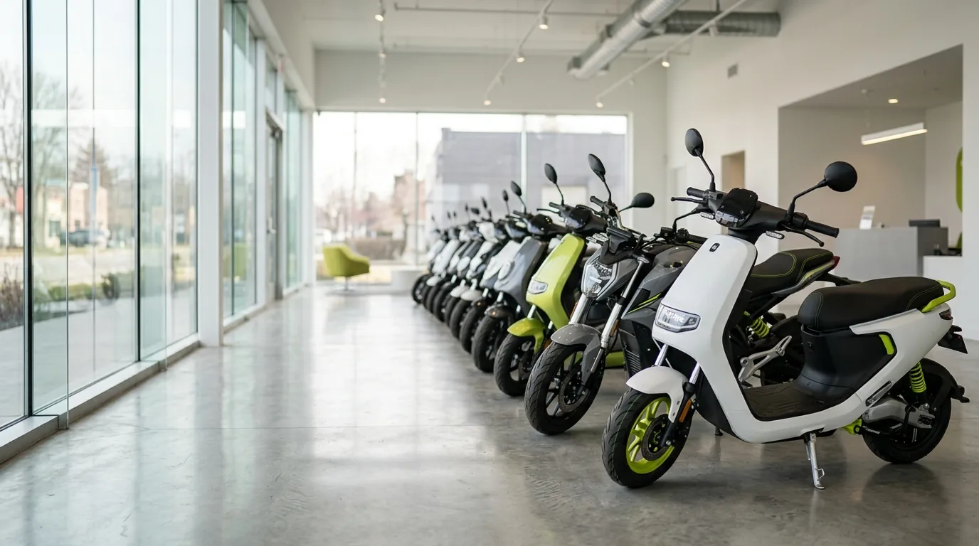 Scooters elétricas brancas e verdes alinhadas em showroom para comparar modelos