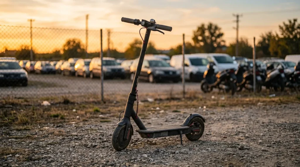 Scooter elétrica usada estacionada em um pátio de veículos seminovos ao entardecer