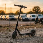 Scooter elétrica usada estacionada em um pátio de veículos seminovos ao entardecer
