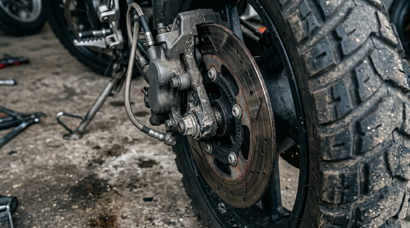Disco de freio e pinça desgastados de uma moto elétrica, em detalhe