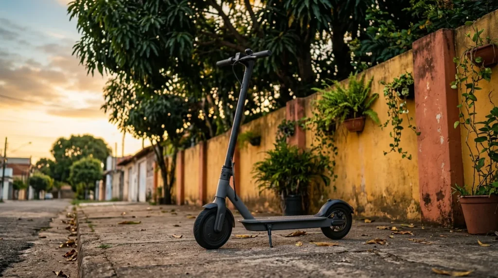 Scooter elétrica urbana estacionada na calçada de um bairro brasileiro ao amanhecer