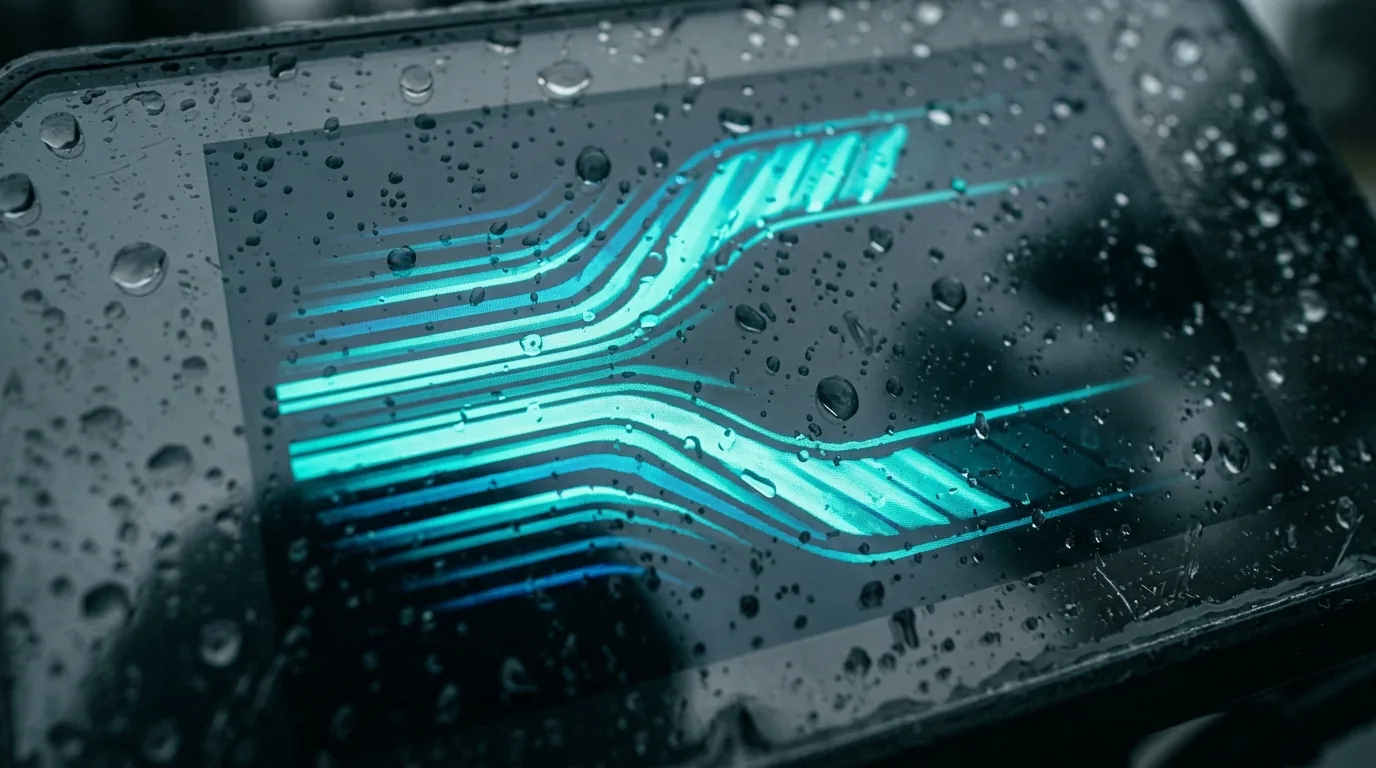 Painel digital de uma moto elétrica com gotas de chuva mostrando o indicador de carga