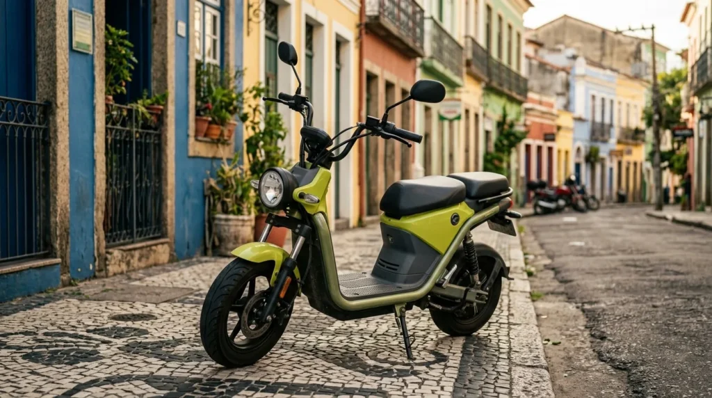 Motoneta elétrica com plataforma plana para os pés estacionada em rua brasileira