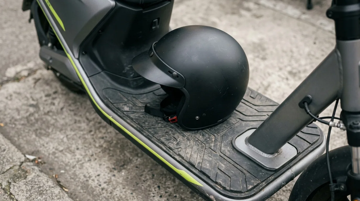 Capacete apoiado na plataforma para os pés de uma motoneta elétrica