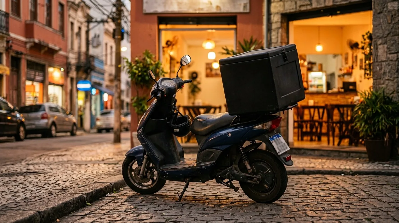 Motoneta elétrica com baú de entrega estacionada em frente a um restaurante