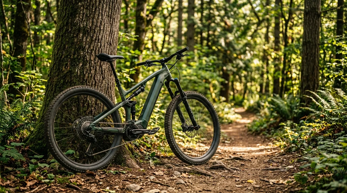 MTB elétrica encostada em árvore em trilha de terra