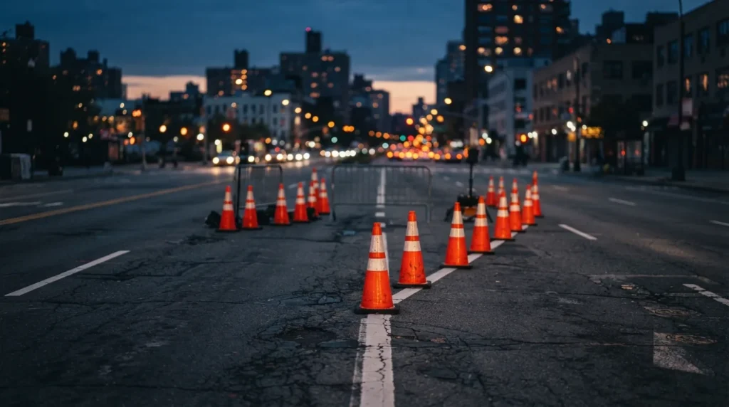 Cones de trânsito alaranjados posicionados no asfalto em uma blitz urbana ao anoitecer