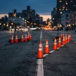 Cones de trânsito alaranjados posicionados no asfalto em uma blitz urbana ao anoitecer