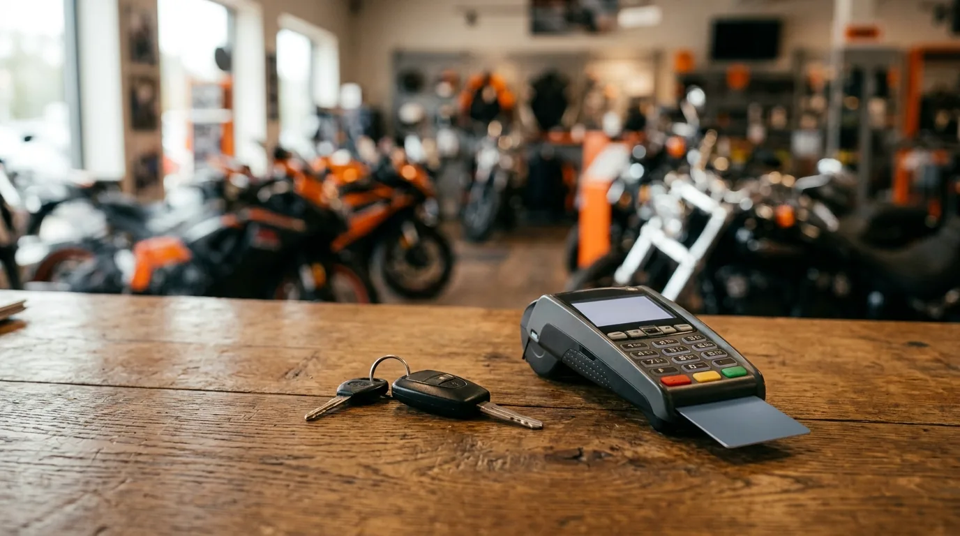 Balcão de loja de motos com maquininha de cartão e chave sobre a bancada