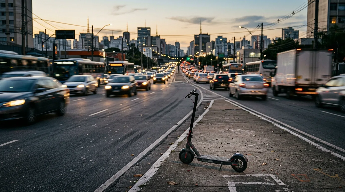 Patinete elétrico na borda de uma avenida movimentada, com o trânsito desfocado