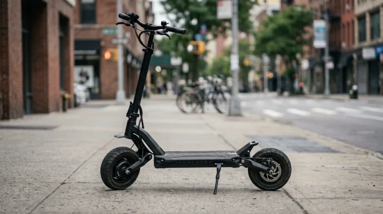 Patinete elétrico reforçado para adulto estacionado na calçada, com freio a disco nas duas rodas