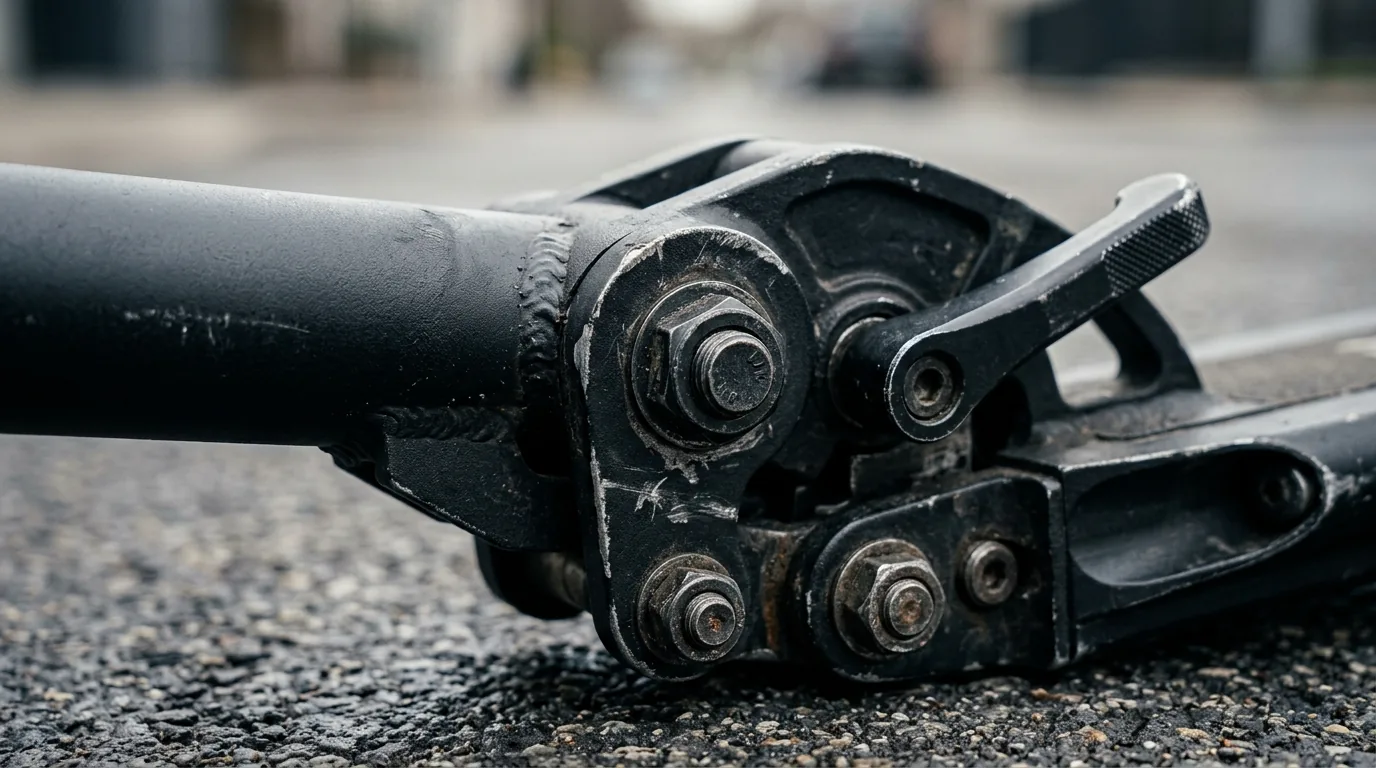 Detalhe da dobradiça e da coluna reforçada de um patinete elétrico de uso pesado