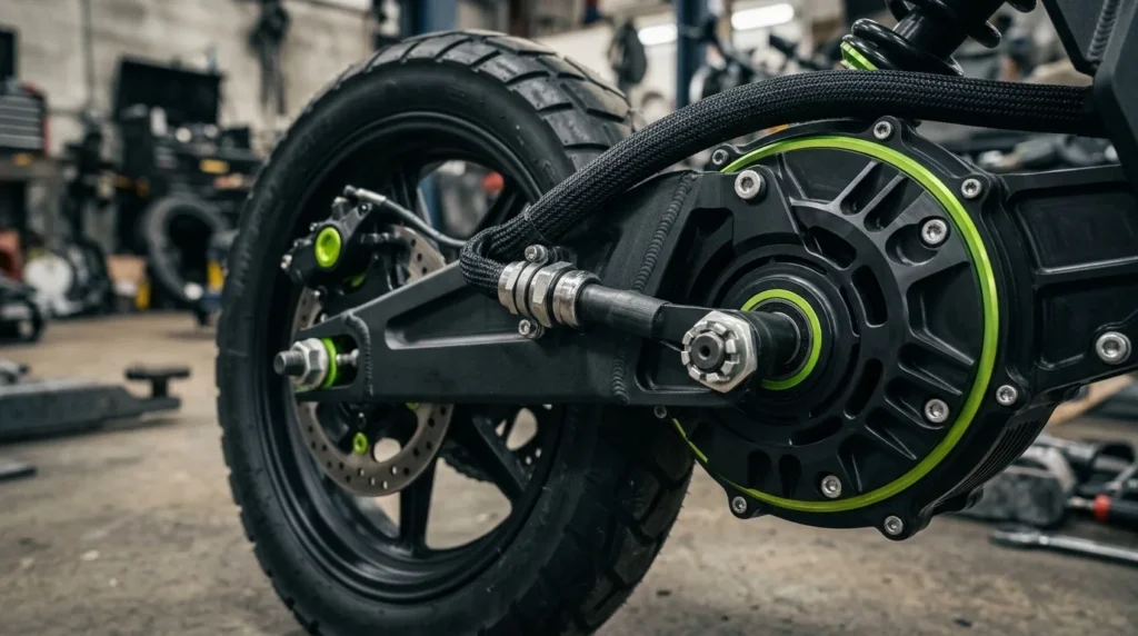 Motor de cubo na roda traseira de uma moto elétrica com cabo de potência visível