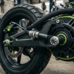 Motor de cubo na roda traseira de uma moto elétrica com cabo de potência visível