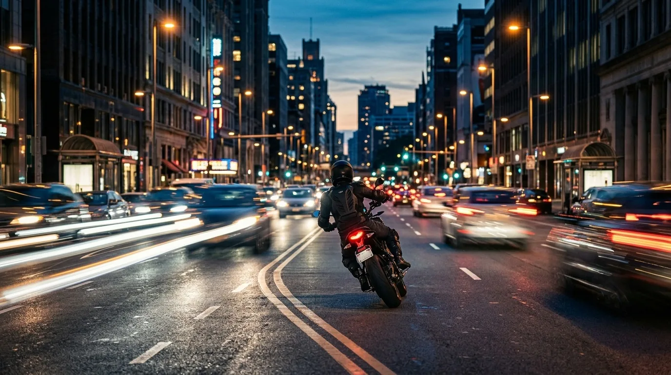 Moto elétrica em avenida urbana ao anoitecer com rastros de luz do trânsito