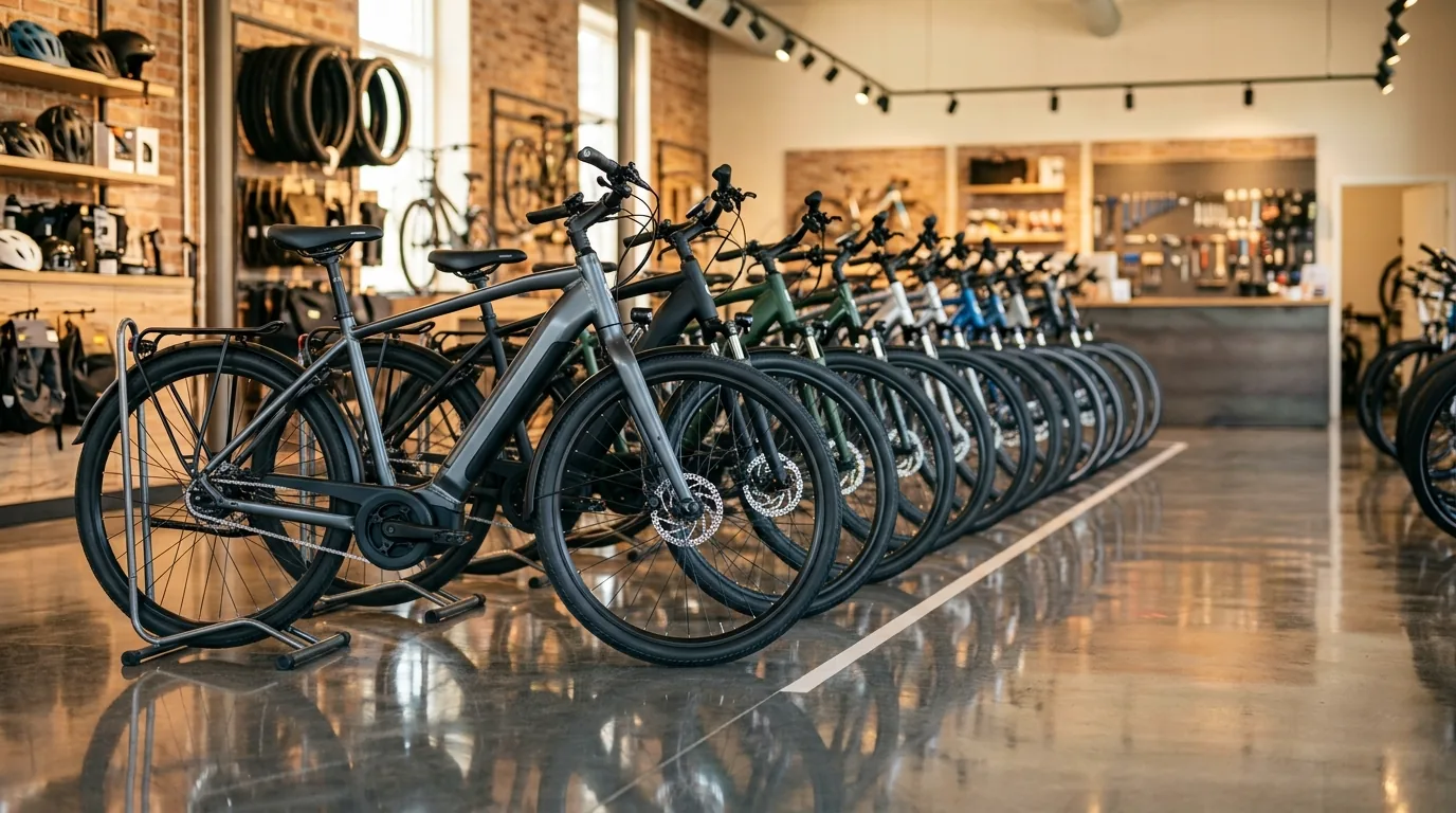Bicicletas elétricas enfileiradas no salão de uma loja