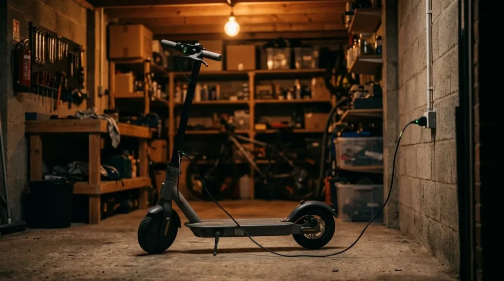 Scooter elétrica carregando na tomada dentro de uma garagem à noite