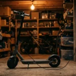 Scooter elétrica carregando na tomada dentro de uma garagem à noite