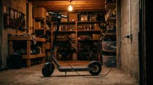 Scooter elétrica carregando na tomada dentro de uma garagem à noite