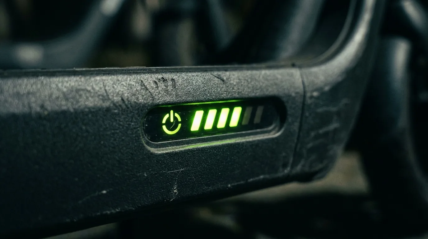 Indicador de carga da bateria aceso na lateral de uma scooter elétrica