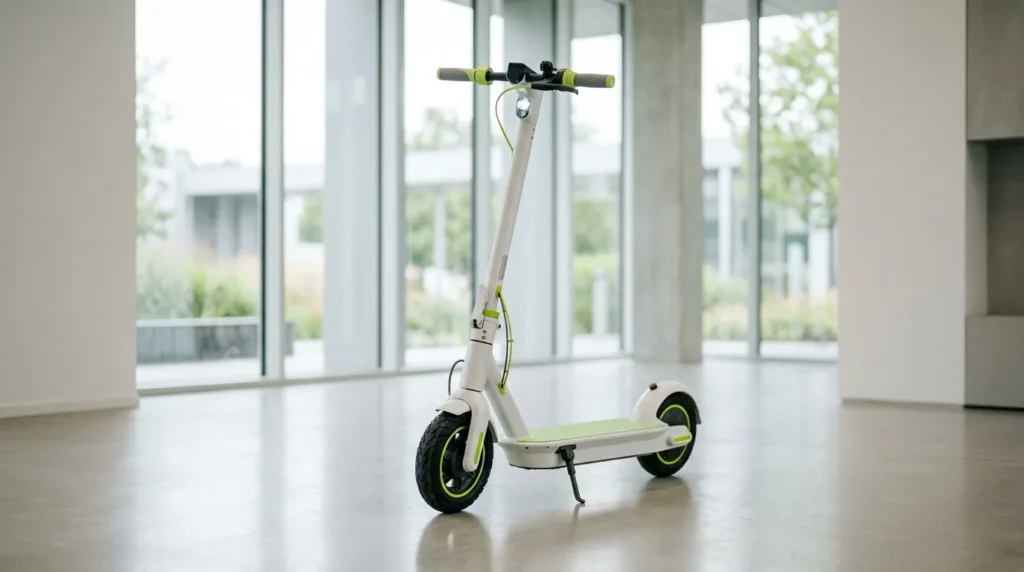 Scooter elétrica branca e verde exposta em uma loja de piso claro