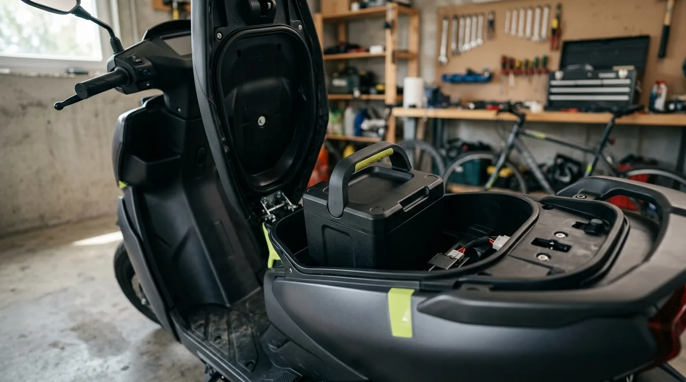 Bateria removível apoiada no compartimento do banco aberto de uma scooter elétrica