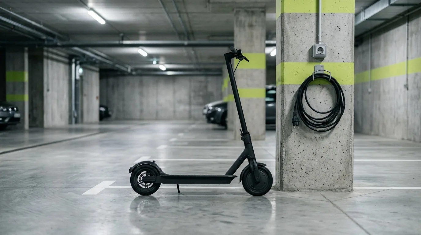 Scooter elétrica estacionada em garagem de prédio ao lado de uma tomada