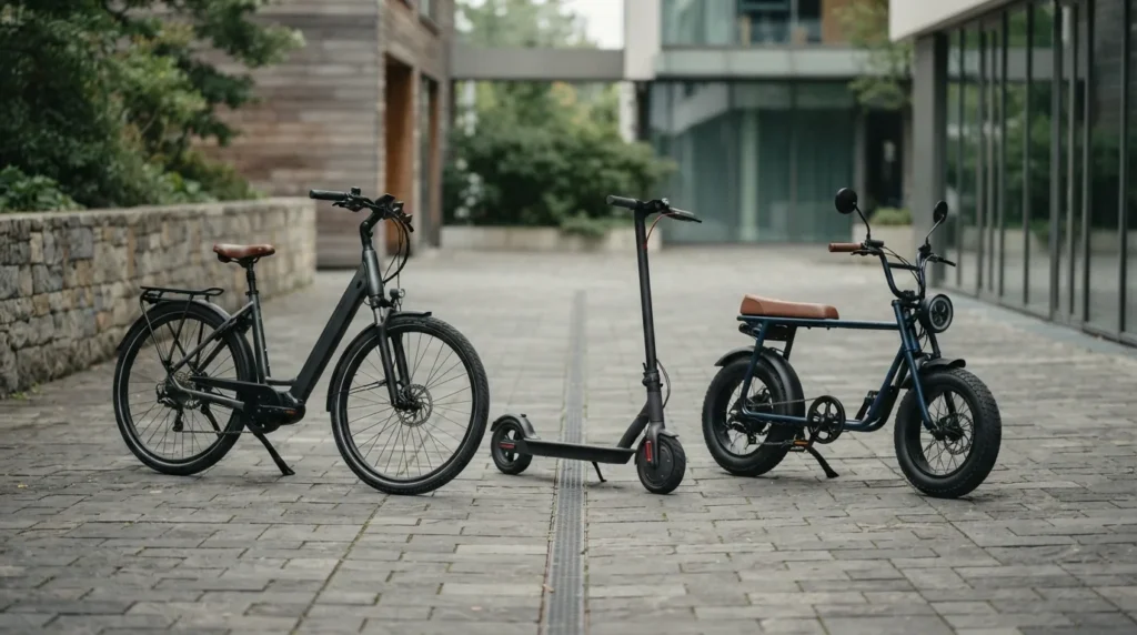 Bicicleta elétrica, patinete e ciclomotor enfileirados lado a lado em um pátio
