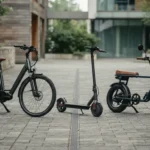 Bicicleta elétrica, patinete e ciclomotor enfileirados lado a lado em um pátio