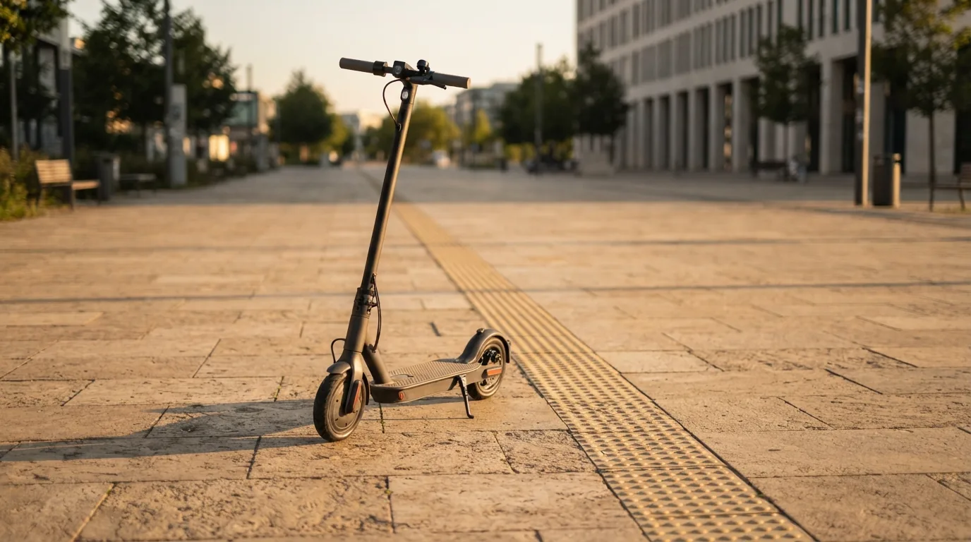 Patinete elétrico estacionado em calçadão com faixa de piso podotátil