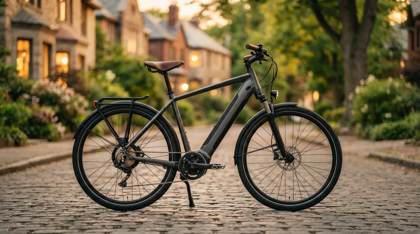 Perfil de uma bicicleta elétrica mostrando pedais, pedivela e corrente