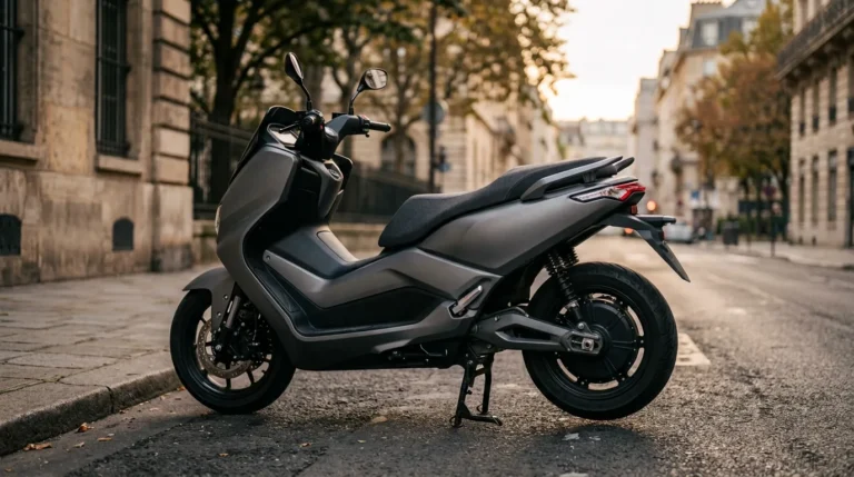 Scooter elétrica de grande porte estacionada em rua da cidade, vista lateral
