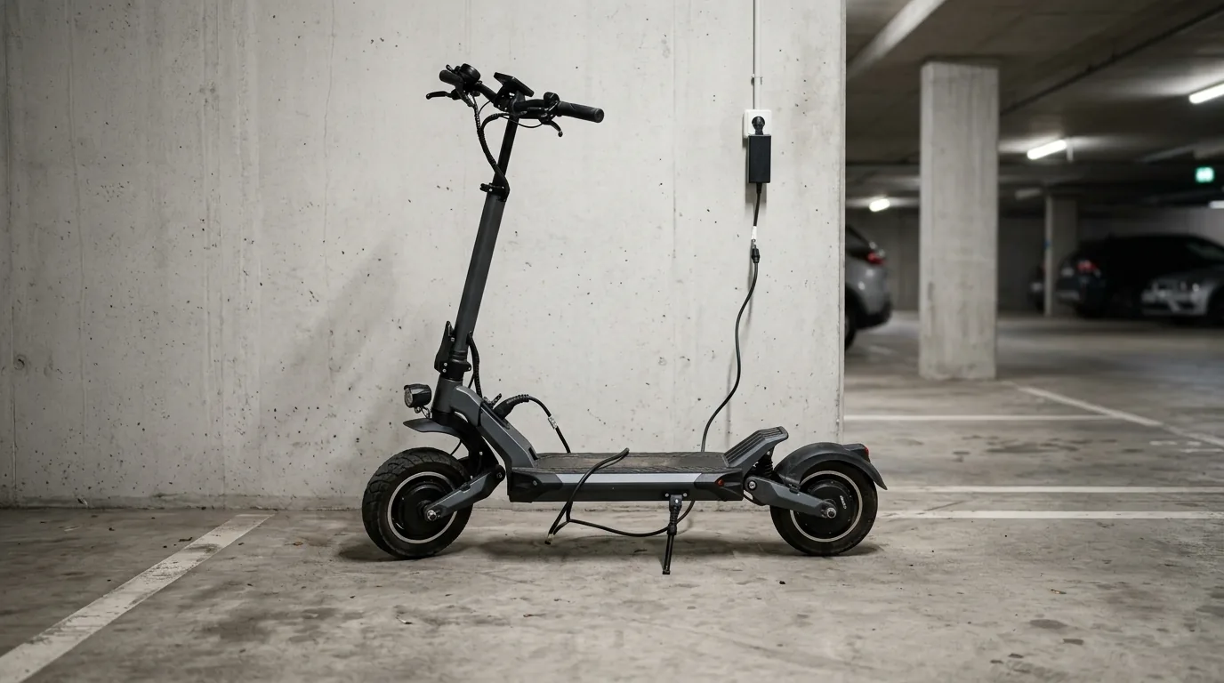 Scooter elétrica de grande porte ligada à tomada na garagem do prédio