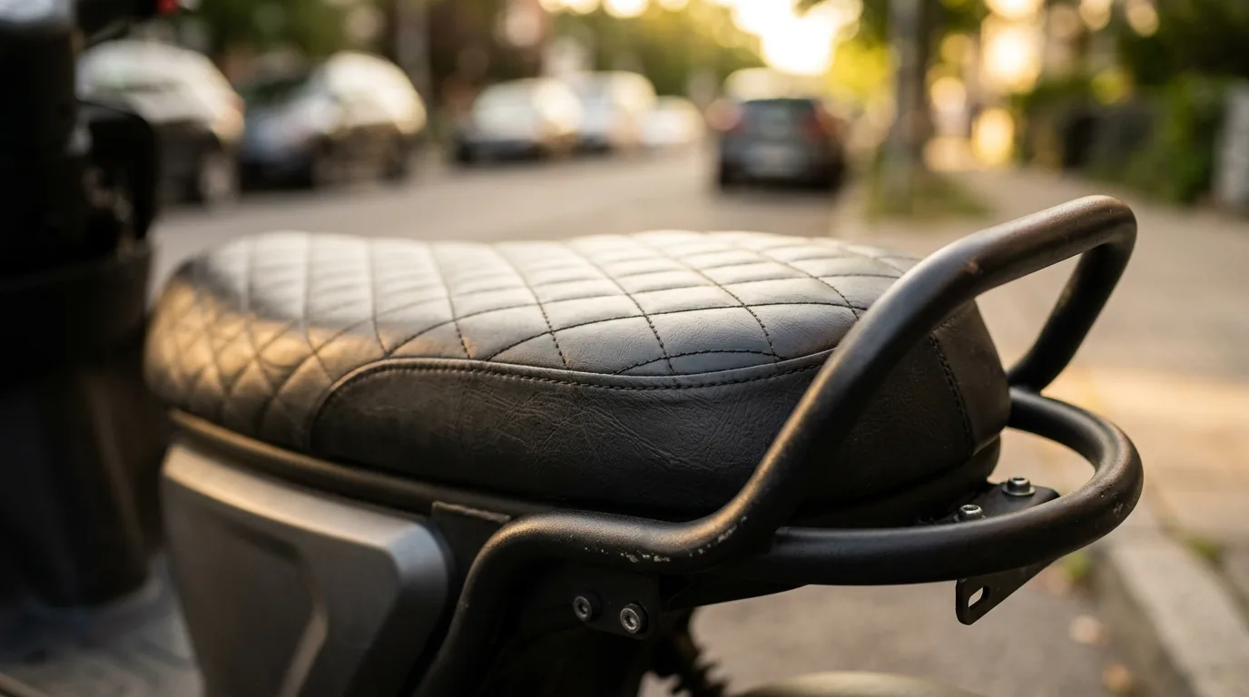 Detalhe do banco corrido e da alça traseira de uma scooter elétrica de grande porte