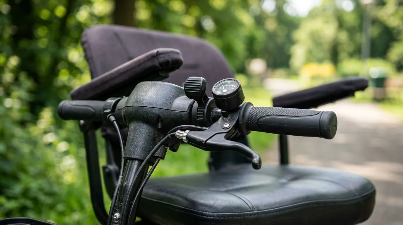 Detalhe do banco, do apoio de braço e dos comandos de uma scooter elétrica de quatro rodas